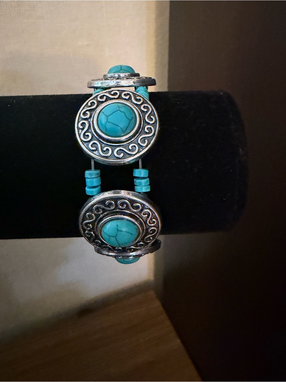 Turquoise Stone Silver-Tone Beaded Stretch Bracelet